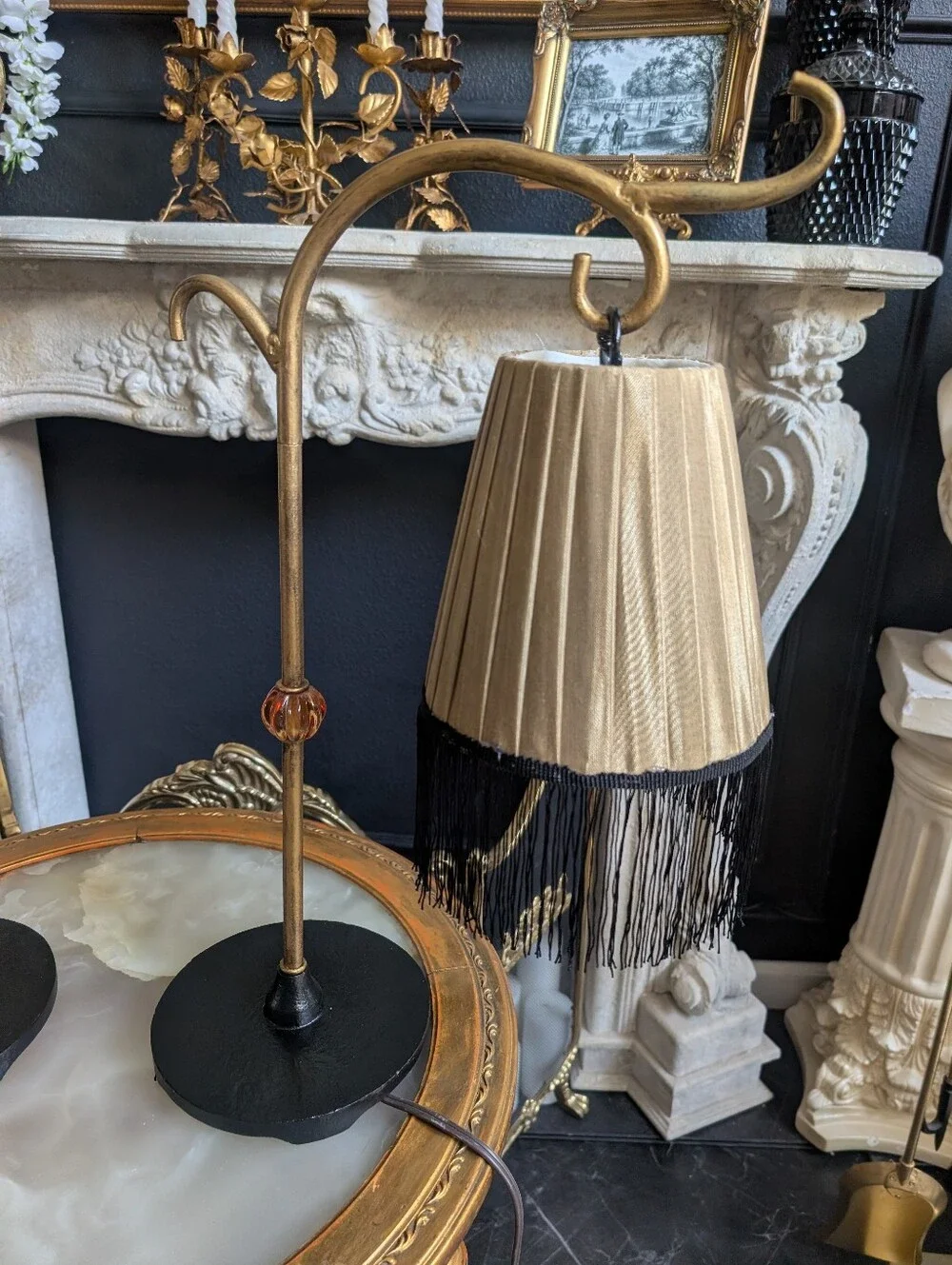 Vintage, set of 2,  Cast Metal Black/Gold bridge-style table lamp w/ Fringe